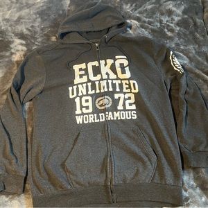 Ecko Unltd. Hoodie Mens 2XL Gray Jumper Rhino Raised Spellout Hip Hop Rap Y2K
